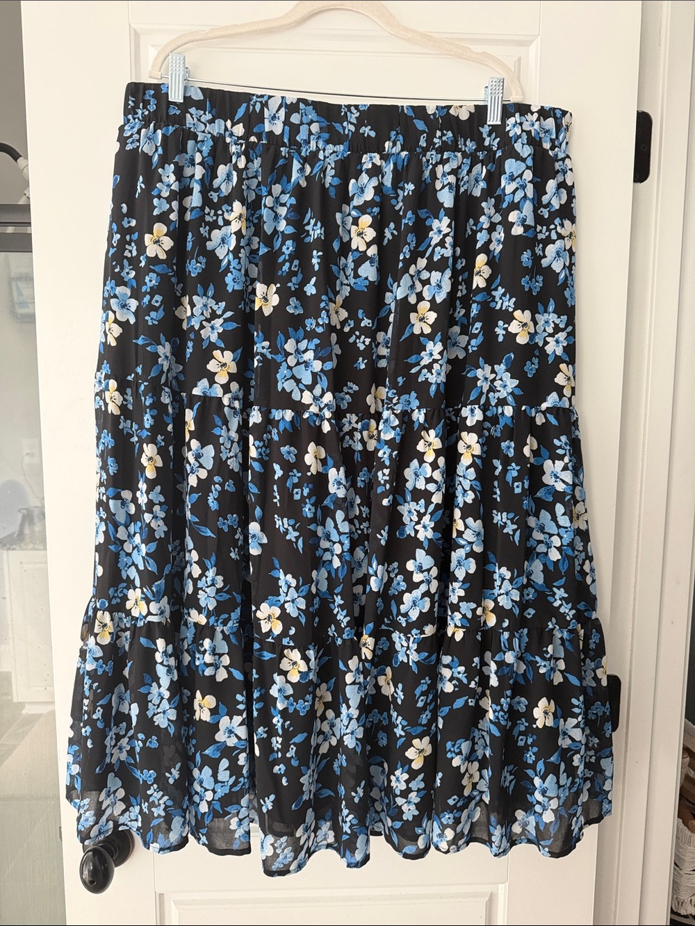 Black Floral Maxi Skirt with Blue and Cream Blooms - Picture 1 of 1